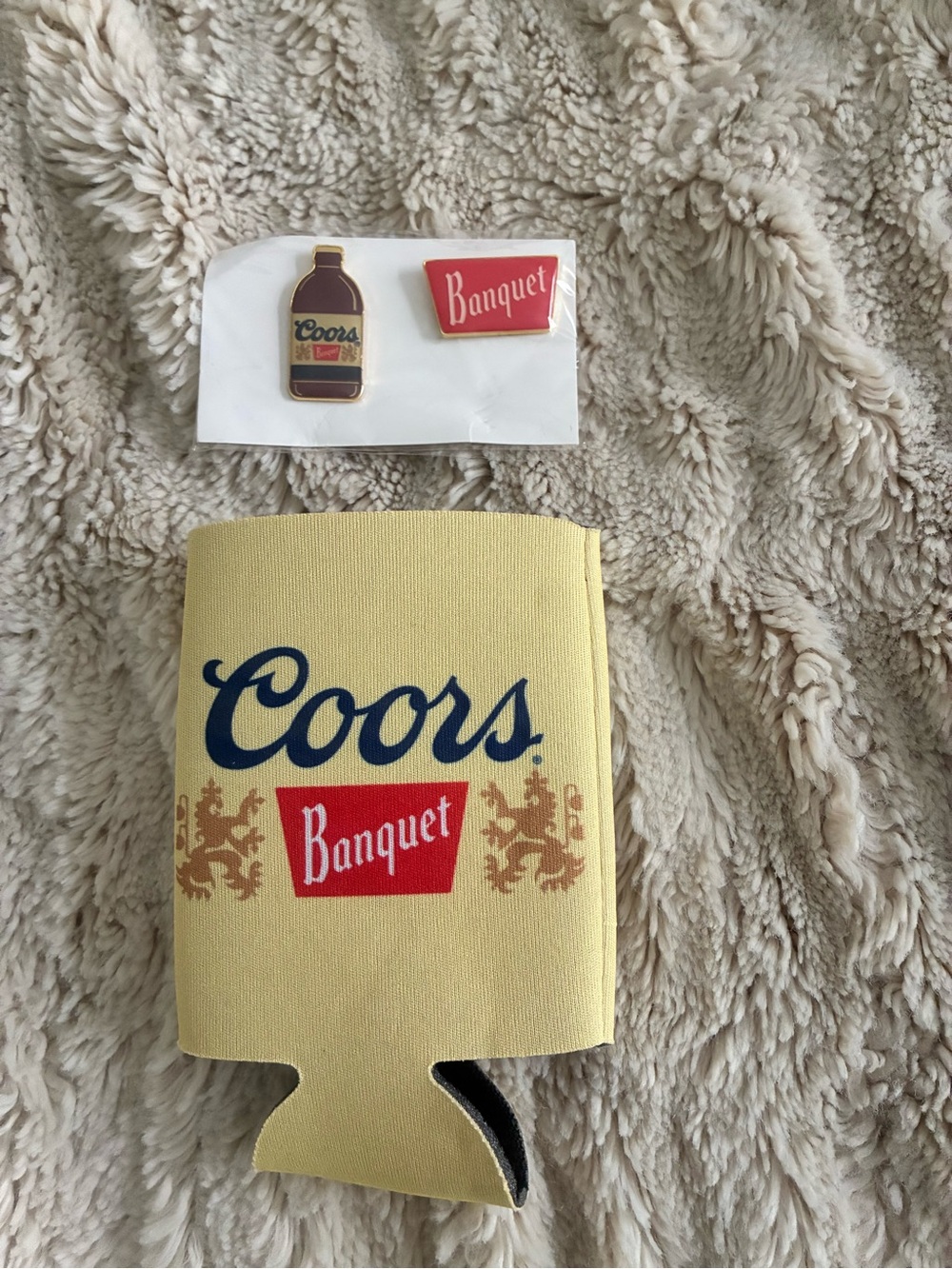 Coors Banquet Yellow Can Koozie with Matching Enamel Pins